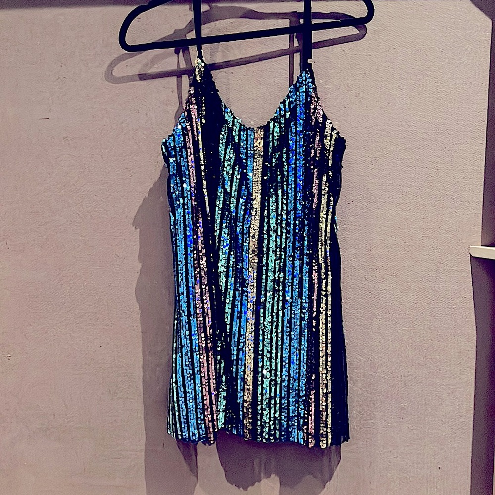 Sequined rainbow striped mini cocktail dress size small show me you Mumu